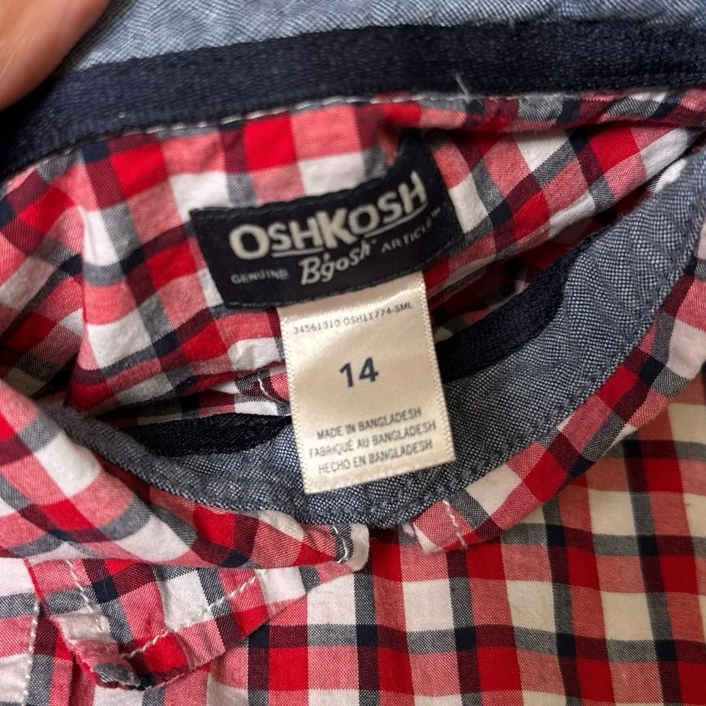Osh Kosh Boy's‎ Flannel Plaid Shirt Plaid Size 14 Red Blue Button Down Farm 474